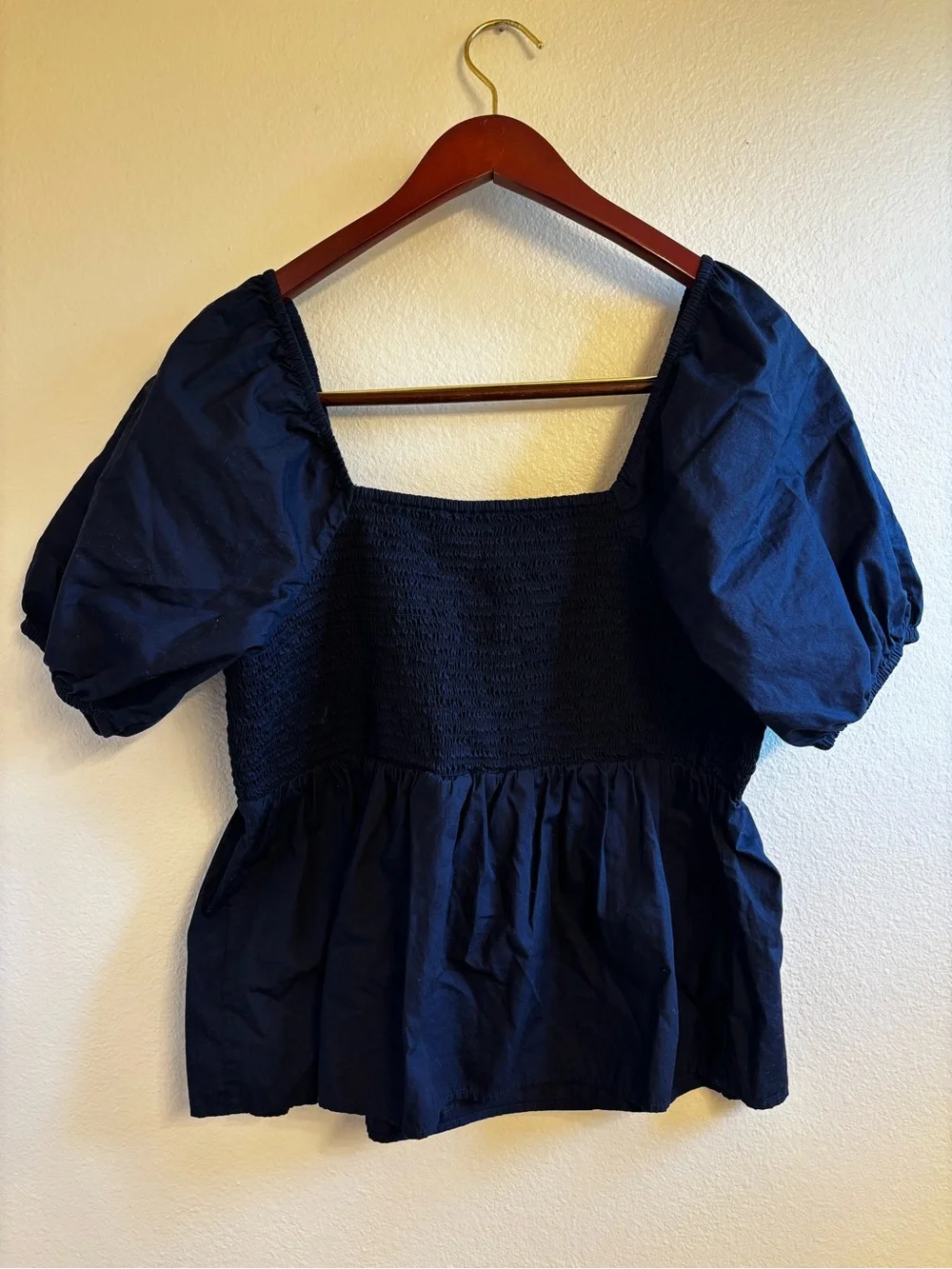 LOFT Navy Square-Neck Cotton Smocked Peplum Puff Sleeve Top Size Large